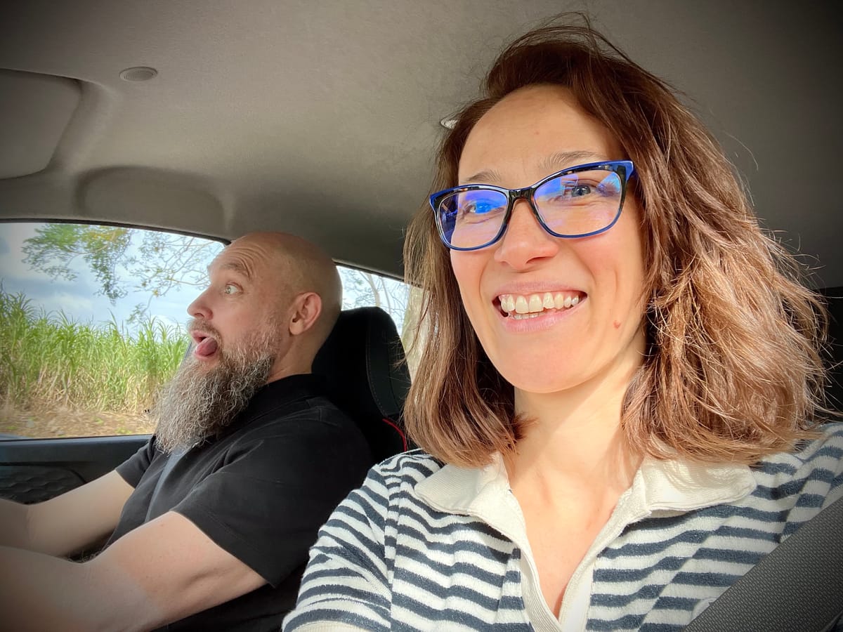 Right-Hand Driving in Mauritius...Her Taking a Selfie...Me Sticking Out My Tongue